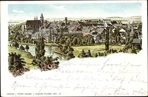 Litho Hof an der Saale Oberfranken Bayern, Totalansicht der Ortschaft