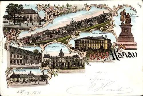 Litho Hanau am Main, Grimm Denkmal, Zeichenakademie, Theater, Marktplatz, Totalansicht