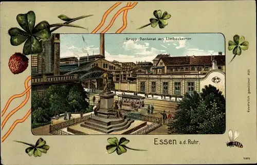 Passepartout Litho Essen im Ruhrgebiet Nordrhein Westfalen, Kruppdenkmal, Biene, Klee, Limbeckertor