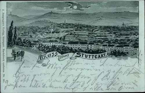 Mondschein Litho Stuttgart in Baden Württemberg, Blick auf den Ort