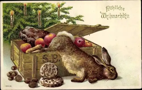 Ak Glückwunsch Weihnachten, Hase, Kiste mit Obst und Nüssen, Tannenbaum