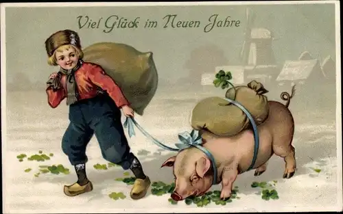Präge Ak Glückwunsch Neujahr, Junge und Schweinchen, das Glücksklee frisst