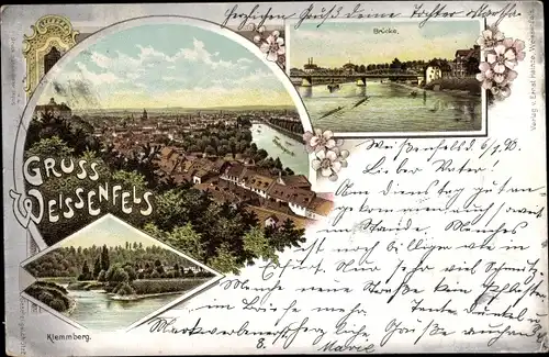 Litho Weißenfels an der Saale, Klemmberg, Brücke, Totalansicht