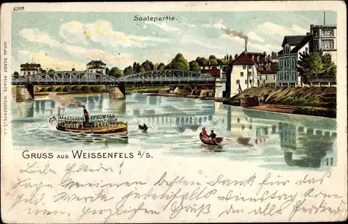 Litho Weißenfels im Burgenlandkreis, Saalepartie mit Dampfschiff, Brücke