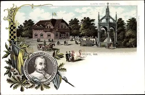 Litho Lützen im Burgenlandkreis, König Gustav Adolf von Schweden, Denkmal, Portrait