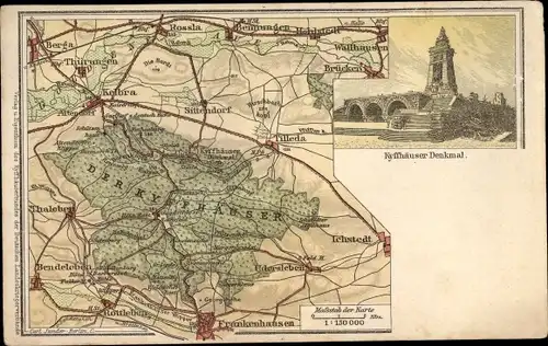 Landkarten Litho Bad Frankenhausen am Kyffhäuser Thüringen, Kyffhäuserdenkmal, Ichstedt, Sittendorf