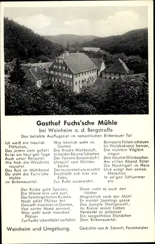 Gedicht Ak Schmitt, A., Weinheim an der Bergstraße Baden, Gasthof Fuchs'sche Mühle