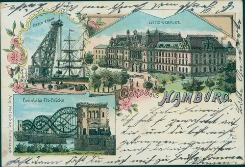 Litho Hamburg Altstadt Mitte, Riesenkrahn, Justizgebäude, Eisenbahn Elb Brücke