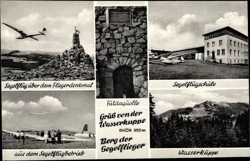 Ak Gersfeld Hessen, Wasserkuppe, Fliegerlager, Fliegerdenkmal, Fuldaquelle