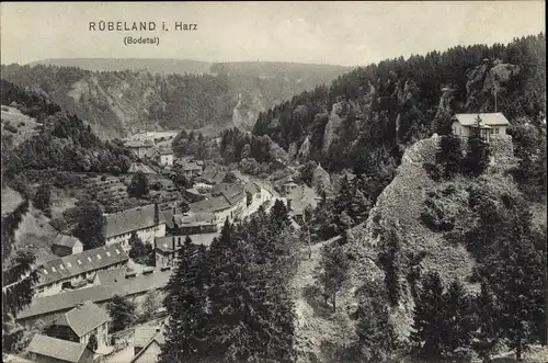 Ak Rübeland Oberharz am Brocken, Blick auf den Ort im Bodetal, Felsen