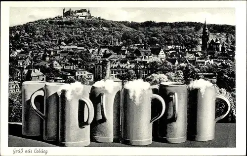 Ak Coburg Oberfranken, Panoramablick auf die Stadt mit Bierkrügen