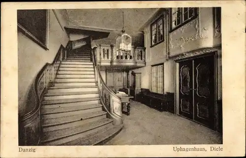 Ak Gdańsk Danzig, Uphagenhaus, Diele, Innenansicht, Treppe