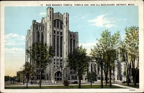 Ak Detroit Michigan USA, New Masonic Temple, Temple Avenue and Second Boulevard