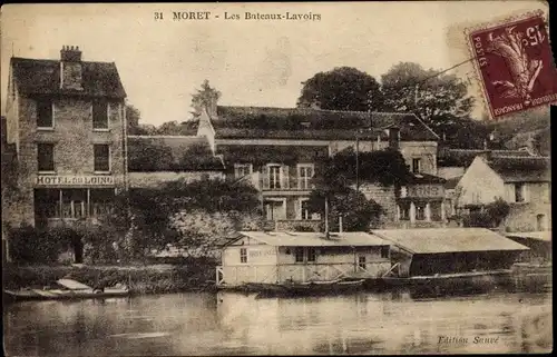 Ak Moret Seine et Marne, Les Bateaux Lavoirs, Hotel du Loing