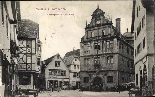 Ak Gemünden am Main Unterfranken, Rathaus mit Marktplatz