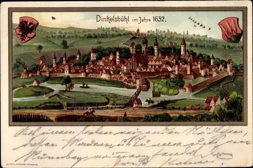 Litho Dinkelsbühl in Mittelfranken, Gesamtansicht im Jahre 1632