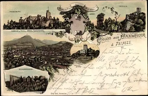 Litho Annweiler am Trifels Pfalz, Madenburg, Scharfeneck, Blick auf den Ort