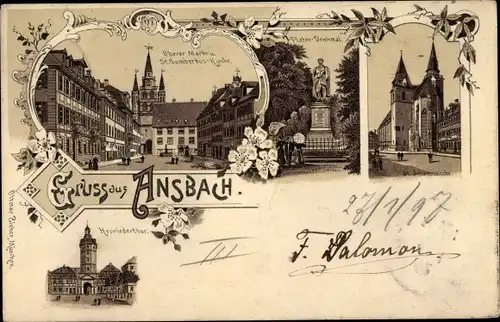 Litho Ansbach in Mittelfranken Bayern, Platen Denkmal, St. Gumbertus Kirche, Johanneskirche