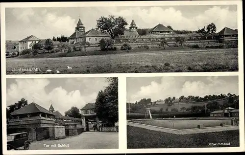 Ak Lichtenau in Mittelfranken, Tor mit Schloss, Schwimmbad, Blick auf den Ort