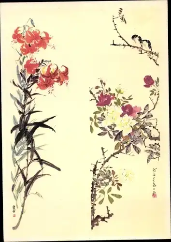 Künstler Ak Blumen und Vögel, Türkenbund, Malerei und Grafik aus der VR China 1960