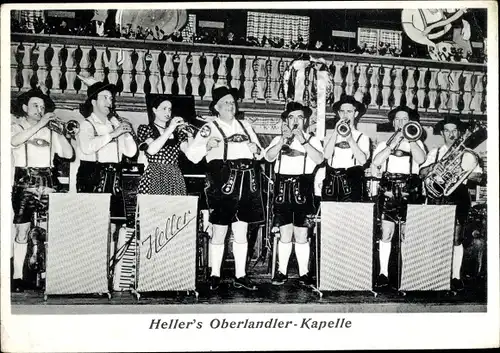 Ak Heller's Oberlandler Kapelle, Musiker in bayrischen Trachten, Trompeten