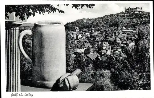 Ak Coburg in Oberfranken, Blick auf Stadt und Veste, Bierkrug und Bratwurst