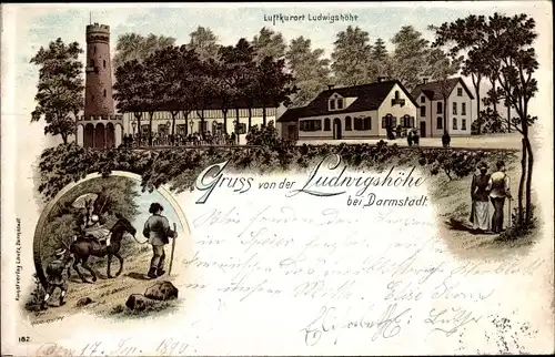 Litho Darmstadt in Hessen, Ludwigshöhe, Aussichtsturm, Esel