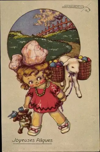 Künstler Ak Mädchen mit Osterlamm, Ostereier Korb, Hund