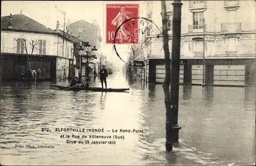 Ak Alfortville Val de Marne, Inondations 29.01.1910, Rond Point, Rue de Villeneuve