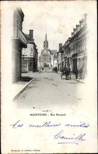 Ak Montoire Loir et Cher, Rue Ronsard, eglise, chevaux et charrettes