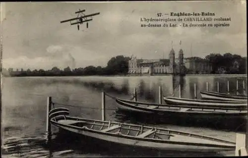 Ak Enghien les Bains Val d’Oise, L'hydroaéroplane de Chevillard évoluant au dessus du Lac