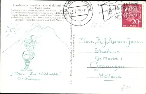 Ak Aulhausen Assmannshausen Rüdesheim am Rhein, Gasthaus zur Waldmühle, Tisch