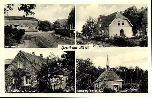 Ak Huje in Schleswig Holstein, Dorfstraße, Schule, Kirche, Geschäft Schnoor