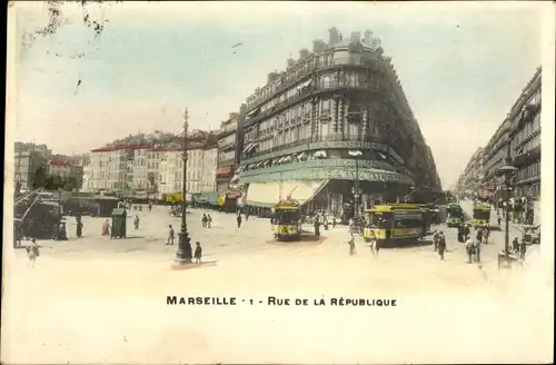 Ak Marseille Bouches du Rhône, Rue de la Republique, Tramway