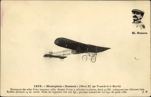 Ak Monoplan Busson, Bleriot XI, type Traversee de la Manche