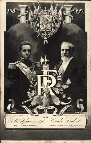 Wappen Ak König Alphonse XIII von Spanien, Französischer Politiker Émile François Loubet, 1905