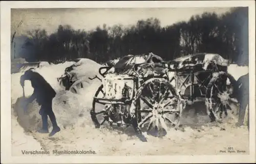 Ak Deutsche Soldaten, Kaiserliches Heer, I. WK, Verschneite Munitionskolonne, Kaiserreich