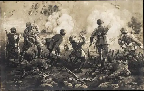 Künstler Ak Soldaten im Handgranatenkampf, I. WK, Kaiserliches Heer