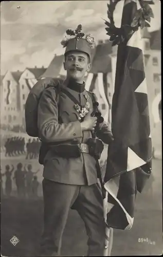 Ak K.u.K.-Soldat, Kaiserjäger, Orden, Regimentsfahne, Uniform, Standportrait