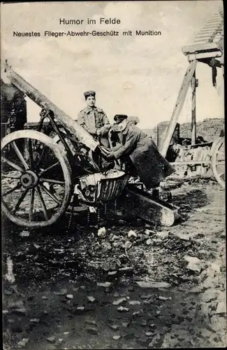 Ak Deutsche Soldaten, I. WK, Humor, Neuestes Flieger-Abwehr-Geschütz, Weinflasche als Munition