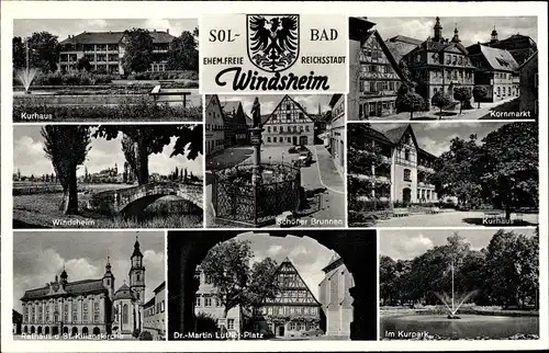 Ak Bad Windsheim in Mittelfranken, Kurhaus, Kornmarkt, Rathaus, Kirche, Brunnen, Kurpark