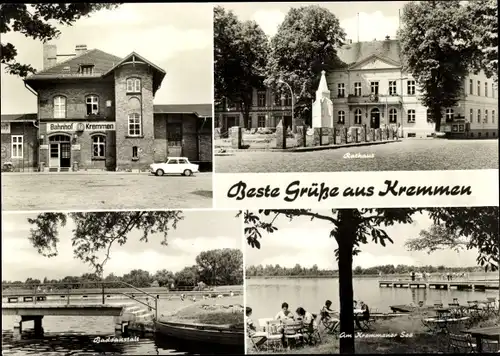 Ak Kremmen im Kreis Oberhavel, Bahnhof, Rathaus, Badeanstalt, Terrassenpartie am See