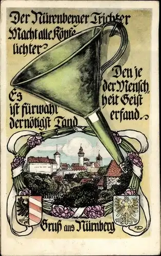 Ak Nürnberg, Teilansicht mit Nürnberger Trichter und Banner, Wappen