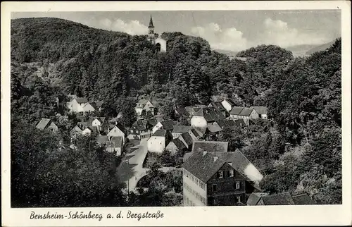 Ak Schönberg Bensheim an der Bergstraße in Hessen, Blick auf den Ort, Hauptstraße, Kirchturm