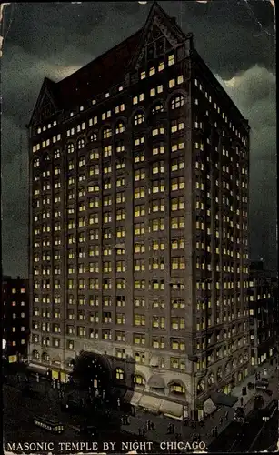 Ak Chicago Illinois, Masonic Temple by night