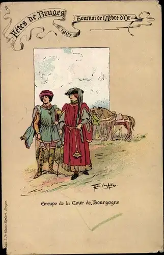 Künstler Ak Bruges Brügge Westflandern, Festes 1907, Tournoi de l'Arbre d'Or, Cour de Bourgogne