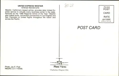 Ak Amerikanisches Passagierflugzeug, United Express, Westair, Embraer Bandeirante