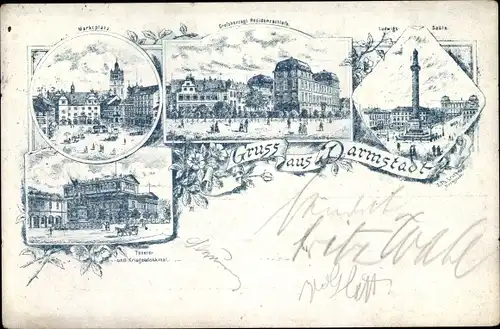 Litho Darmstadt in Hessen, Ludwigssäule, Residenzschloss, Marktplatz,Theater