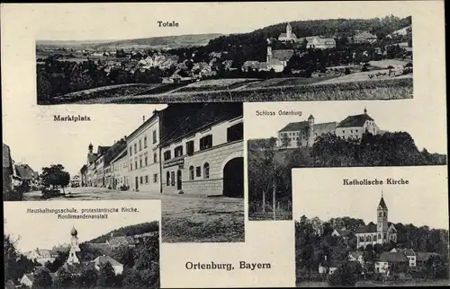 Ak Ortenburg Niederbayern, Schloss, Haushaltungsschule, katholische Kirche, Totalansicht