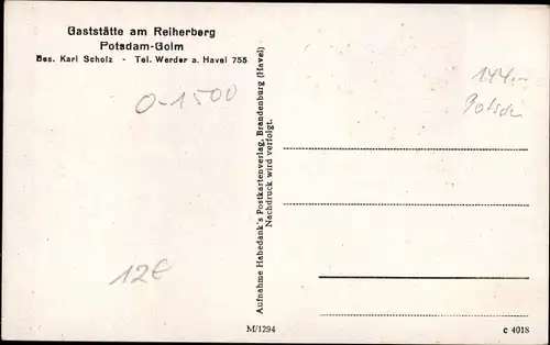 Ak Golm Potsdam in Brandenburg, Gaststätte am Reiherberg